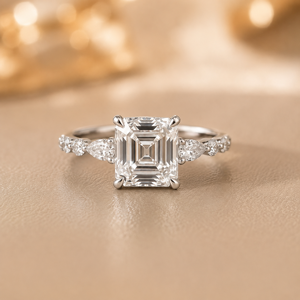 3.00 CT Asscher Cut Lab-Grown Diamond Three Stone Engagement Ring in 14K White Gold – Marquise & Round Side Stone Design