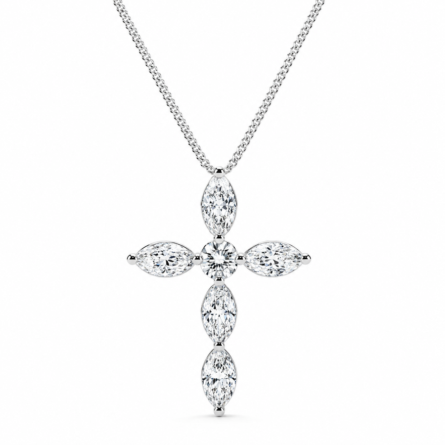 14K White Gold Marquise & Round Lab-Grown Diamond Cross Pendant (1.00 CTW – D–F / VS1–VS2)