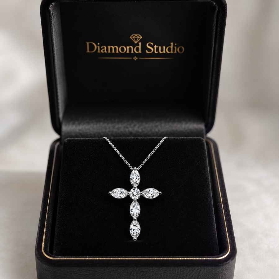14K White Gold Marquise & Round Lab-Grown Diamond Cross Pendant (1.00 CTW – D–F / VS1–VS2)