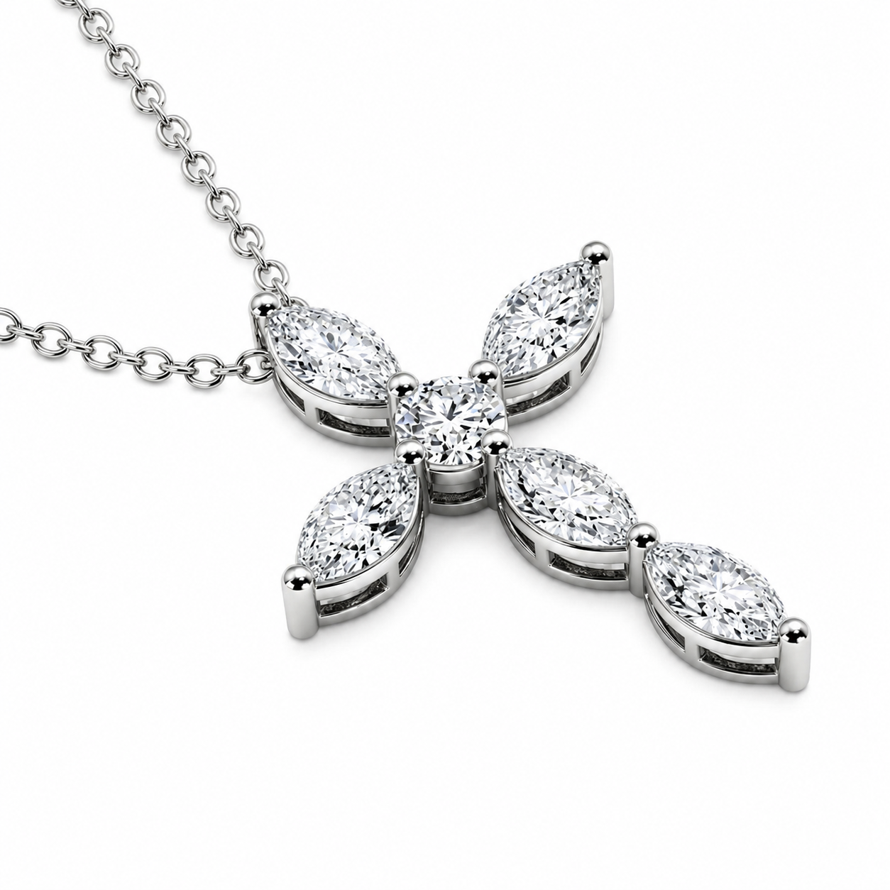 14K White Gold Marquise & Round Lab-Grown Diamond Cross Pendant (1.00 CTW – D–F / VS1–VS2)