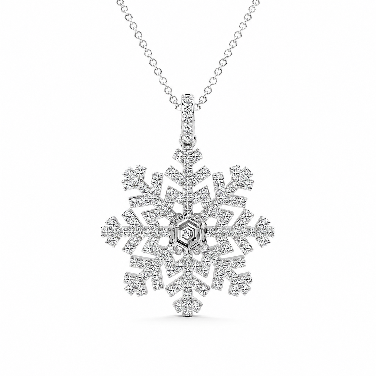 14K White Gold Hexagon Snowflake Lab-Grown Diamond Pendant (1.50 CTW – D–F / VS1–VS2)