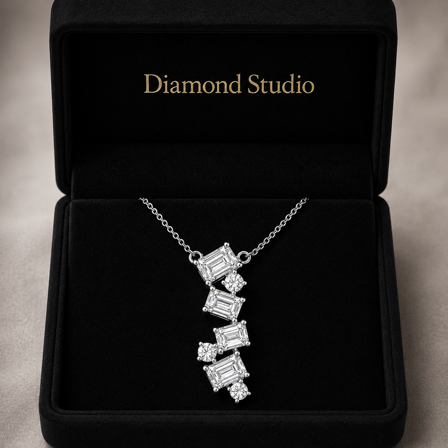 14K White Gold Emerald & Round Lab-Grown Diamond Cascade Pendant (1.10 CTW – D–F / VS1–VS2)