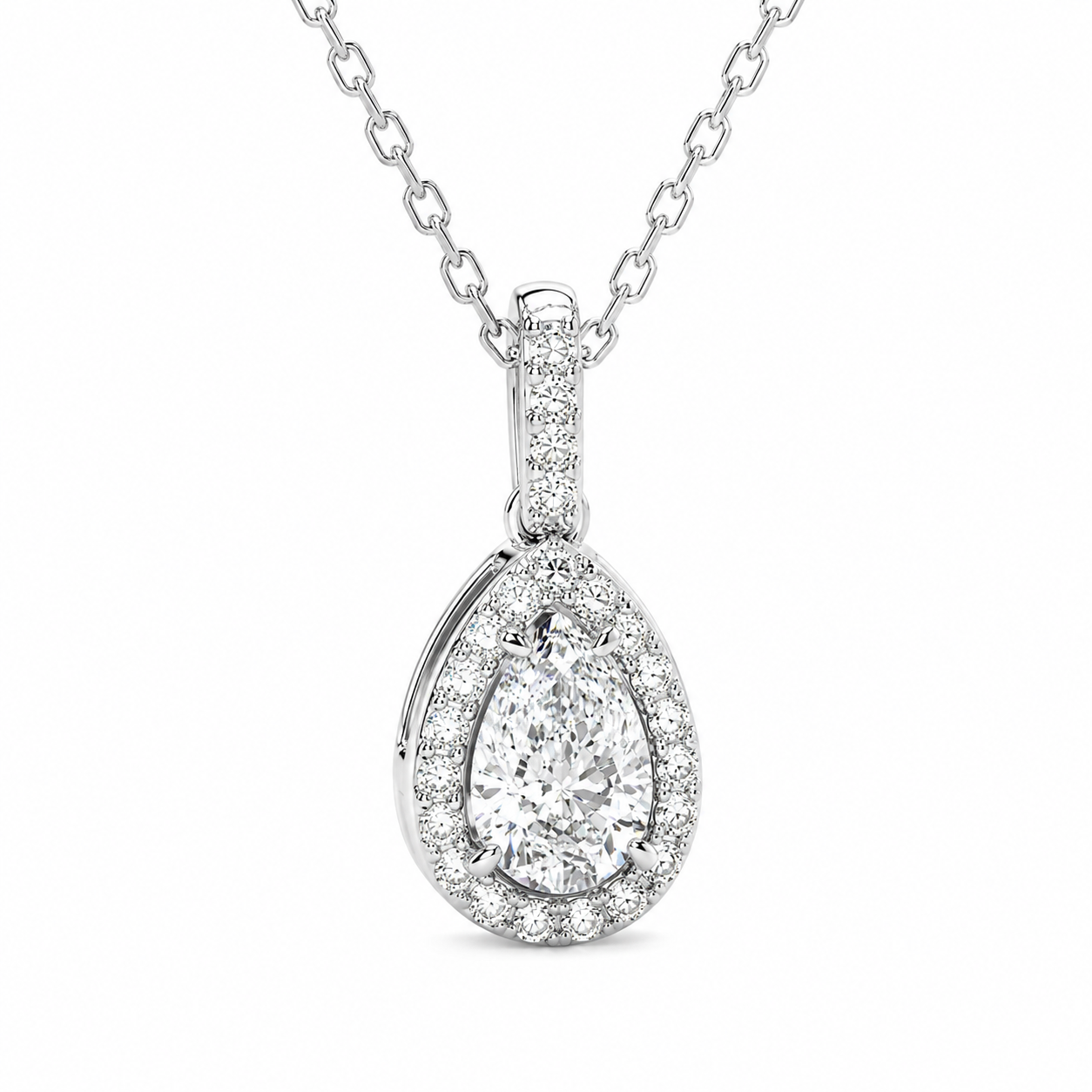 0.75 CTW Pear Lab-Grown Diamond Halo Pendant (D–F / VS1–VS2, IGI Certified)