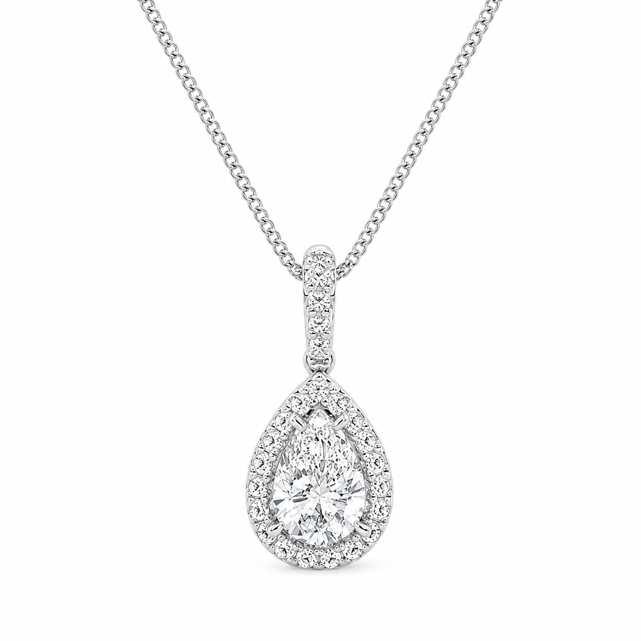 0.75 CTW Pear Lab-Grown Diamond Halo Pendant (D–F / VS1–VS2, IGI Certified)