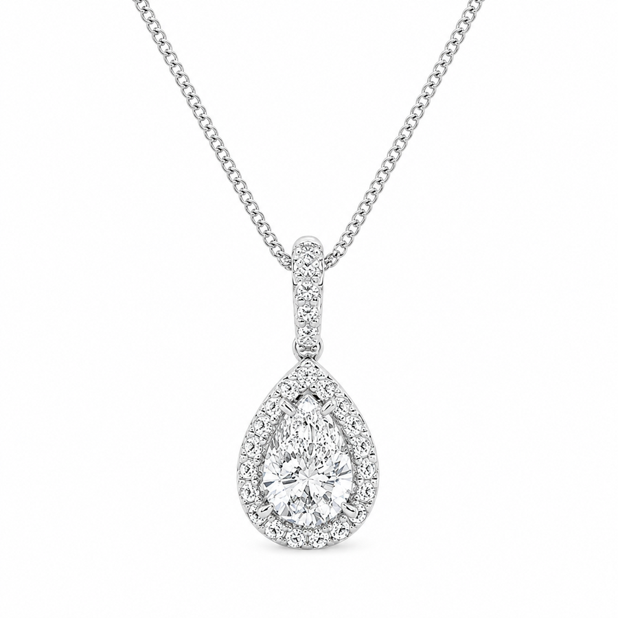 0.75 CTW Pear Lab-Grown Diamond Halo Pendant (D–F / VS1–VS2, IGI Certified)