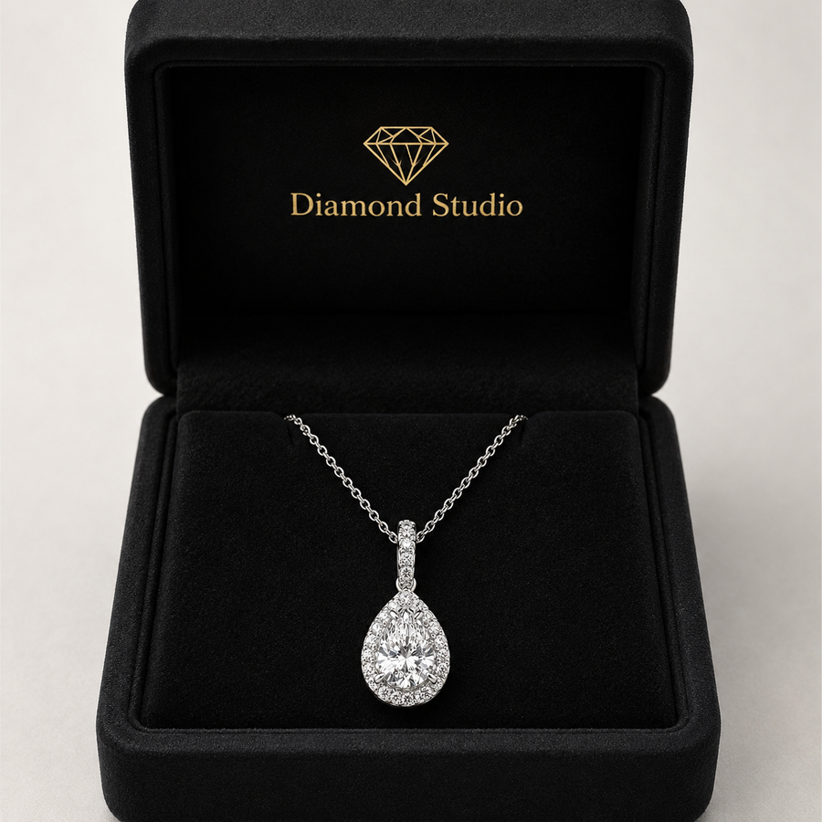 0.75 CTW Pear Lab-Grown Diamond Halo Pendant (D–F / VS1–VS2, IGI Certified)