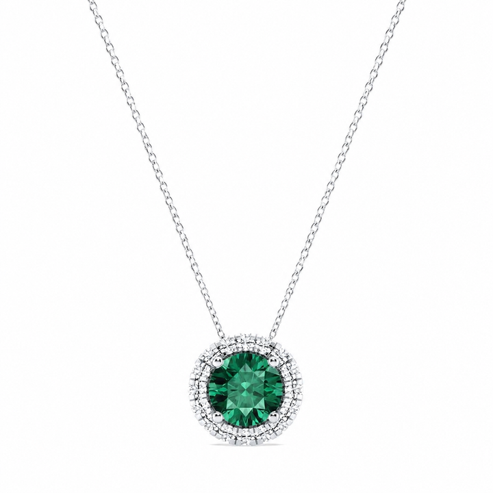 1.00 CTW Round Created Emerald and Lab-Grown Diamond Halo Pendant with Adjustable Chain (D–F / VS1–VS2) — product image