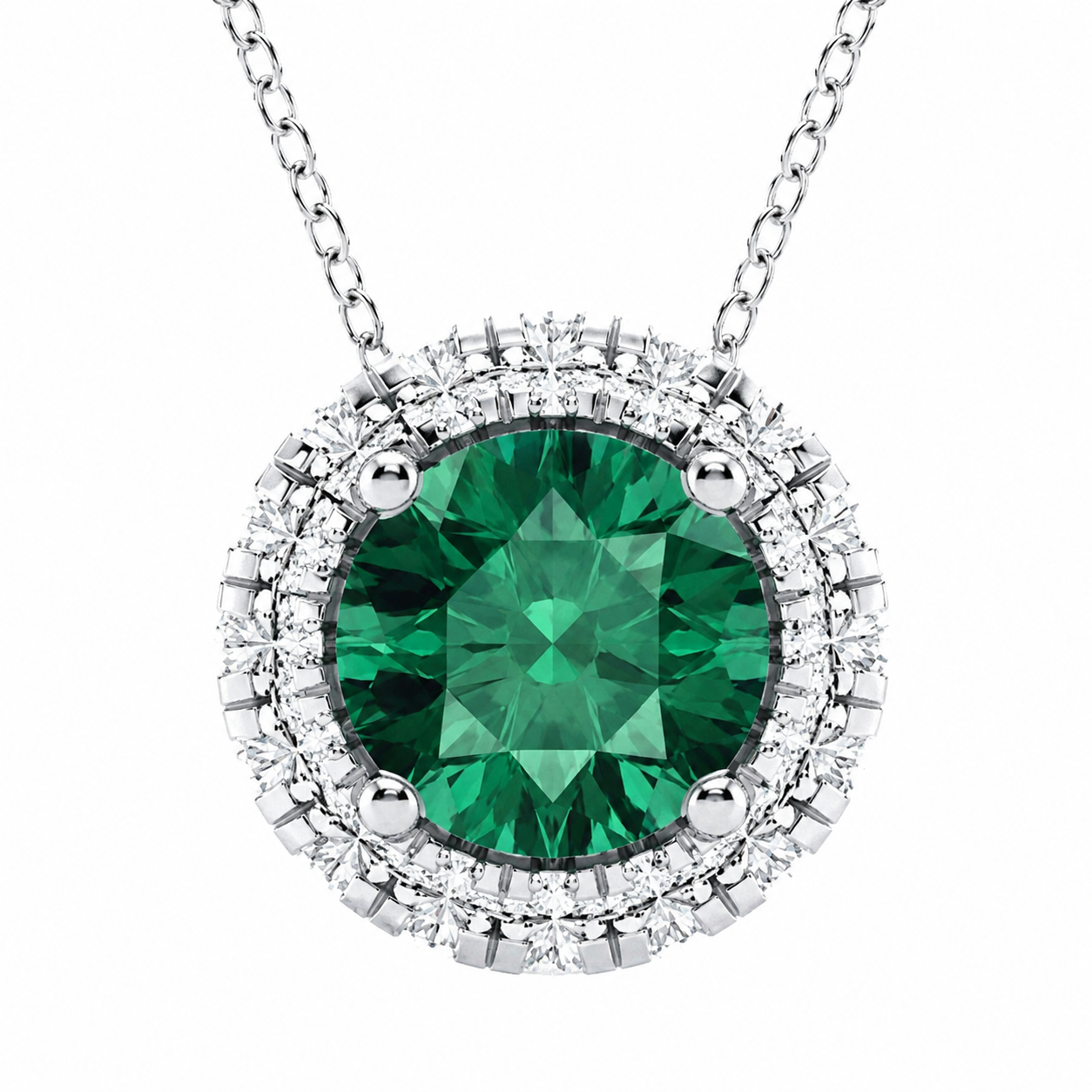 1.00 CTW Round Created Emerald and Lab-Grown Diamond Halo Pendant with Adjustable Chain (D–F / VS1–VS2)