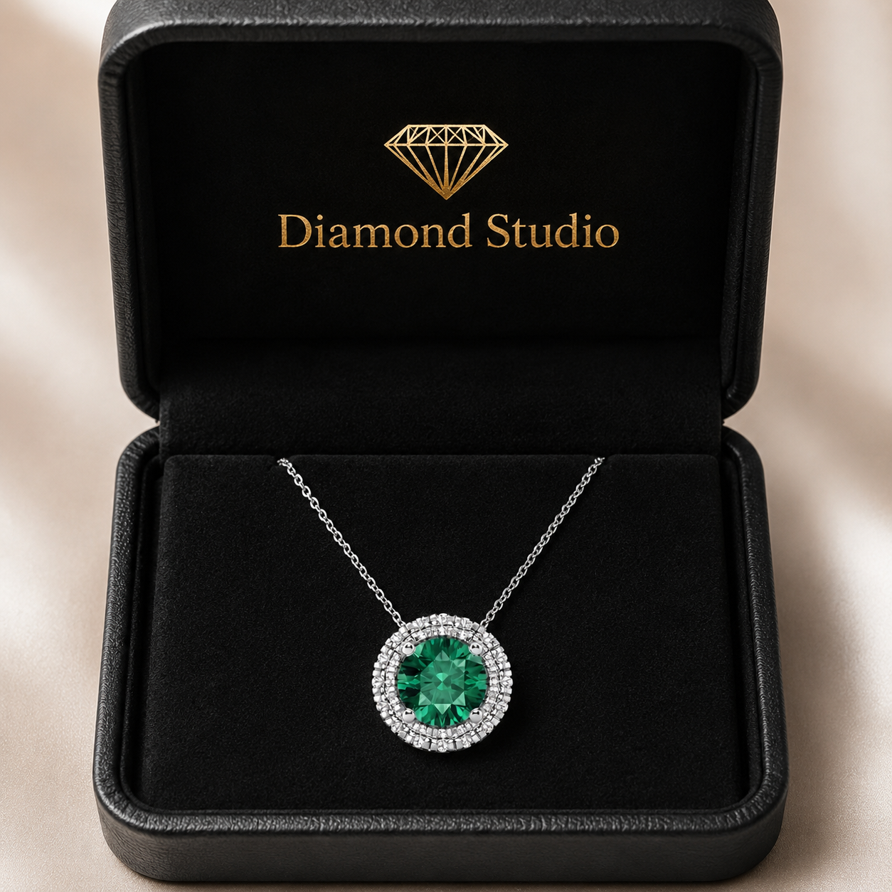 1.00 CTW Round Created Emerald and Lab-Grown Diamond Halo Pendant with Adjustable Chain (D–F / VS1–VS2)
