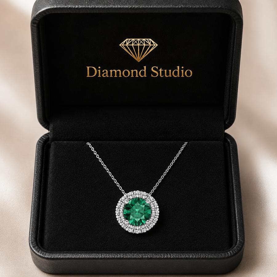 1.00 CTW Round Created Emerald and Lab-Grown Diamond Halo Pendant with Adjustable Chain (D–F / VS1–VS2)