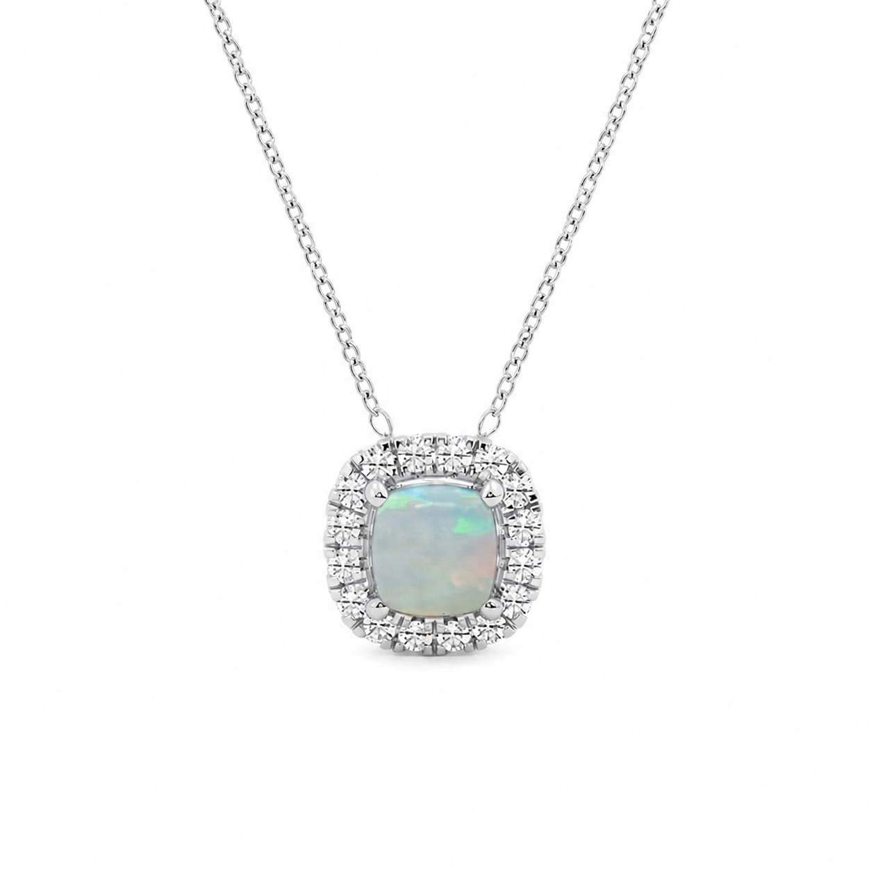 1.00 CTW Cushion Cut Created Opal and Round Lab-Grown Diamond Halo Pendant with Adjustable Chain (D–F / VS1–VS2)