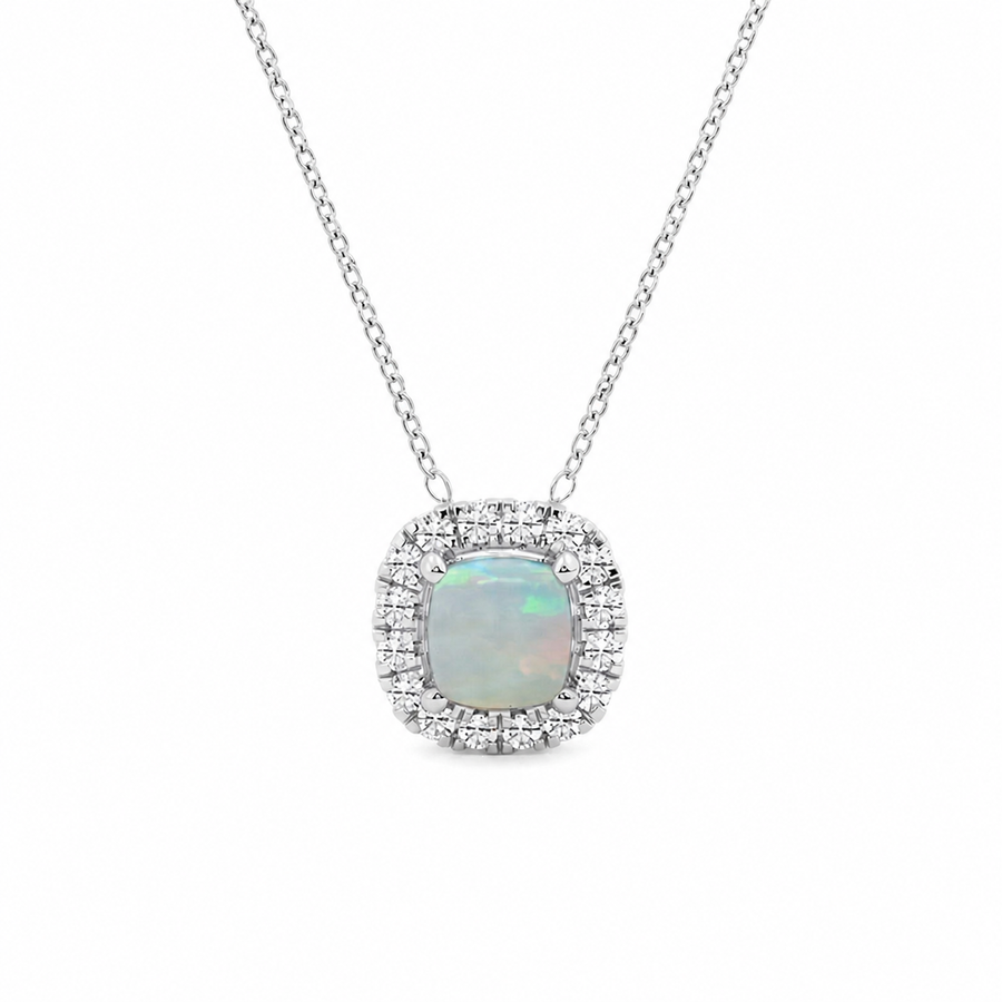 1.00 CTW Cushion Cut Created Opal and Round Lab-Grown Diamond Halo Pendant with Adjustable Chain (D–F / VS1–VS2)