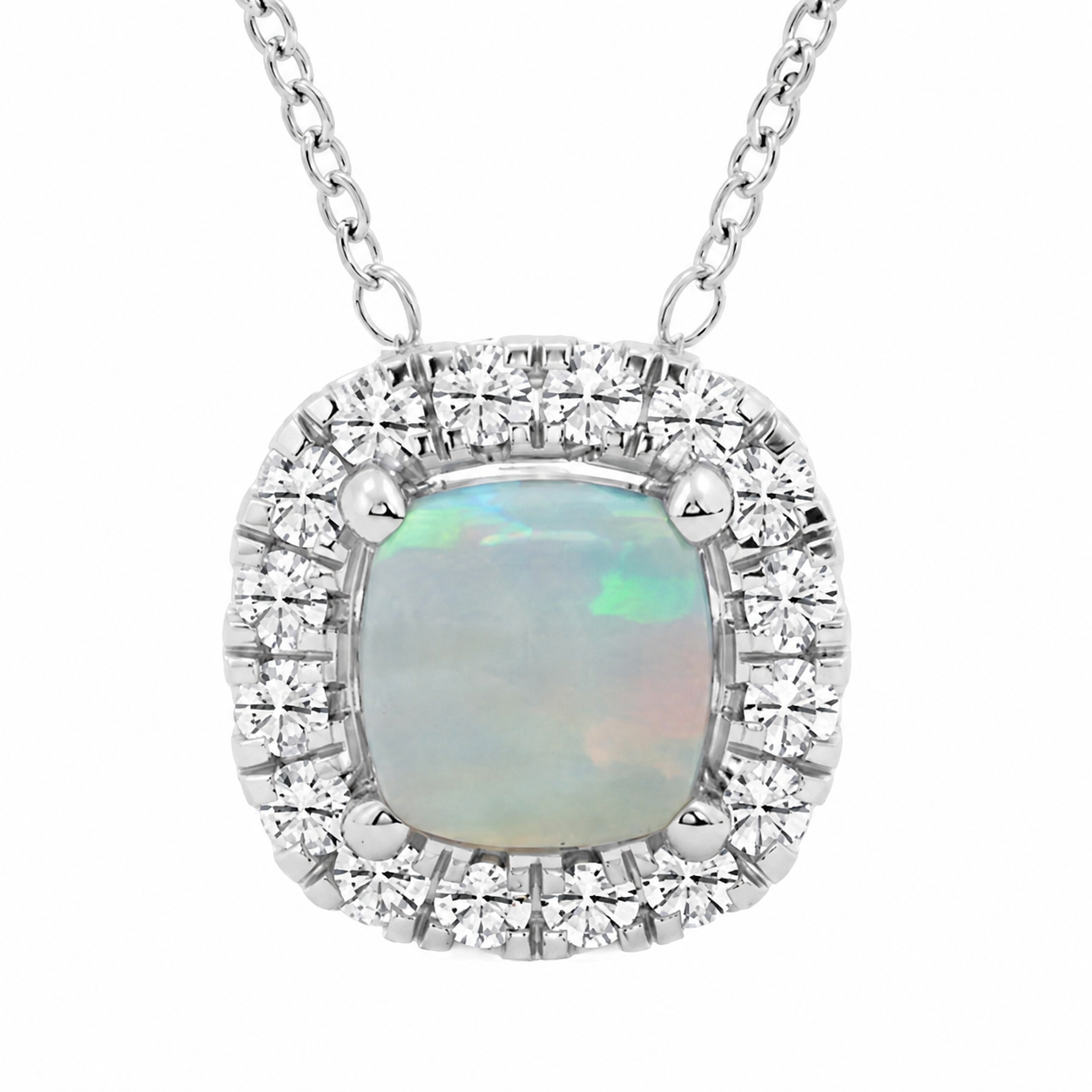 1.00 CTW Cushion Cut Created Opal and Round Lab-Grown Diamond Halo Pendant with Adjustable Chain (D–F / VS1–VS2)