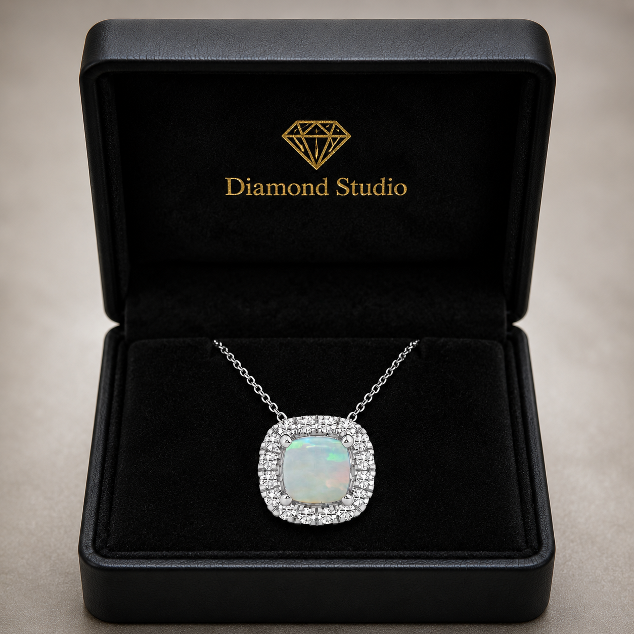 1.00 CTW Cushion Cut Created Opal and Round Lab-Grown Diamond Halo Pendant with Adjustable Chain (D–F / VS1–VS2)