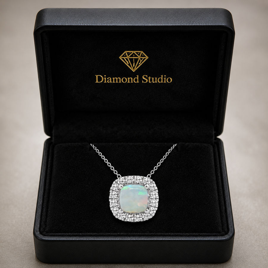 1.00 CTW Cushion Cut Created Opal and Round Lab-Grown Diamond Halo Pendant with Adjustable Chain (D–F / VS1–VS2)