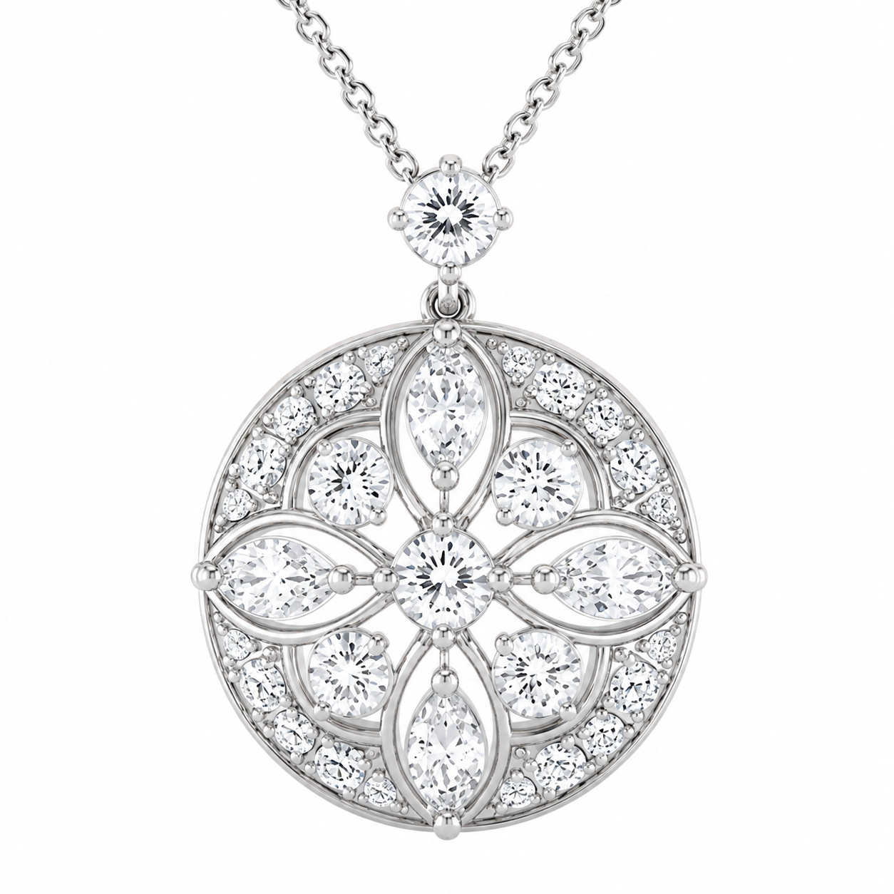 14K White Gold Vintage Round & Marquise Lab-Grown Diamond Pendant (2.00 CTW – D–F / VS1–VS2)