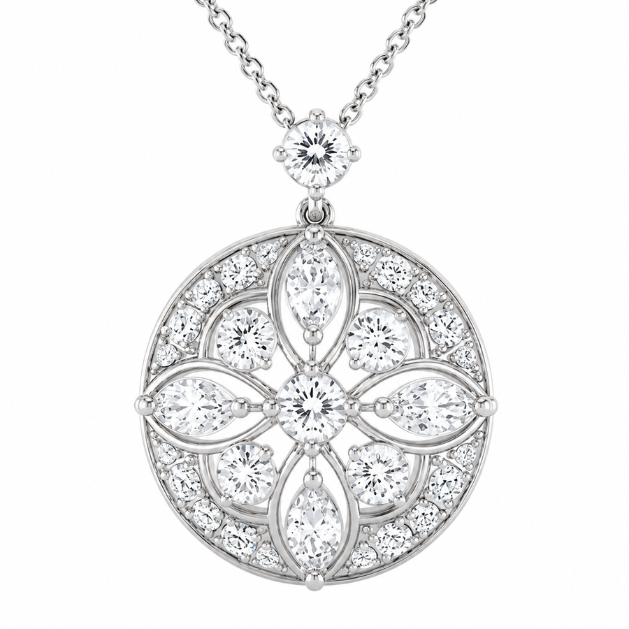 14K White Gold Vintage Round & Marquise Lab-Grown Diamond Pendant (2.00 CTW – D–F / VS1–VS2)