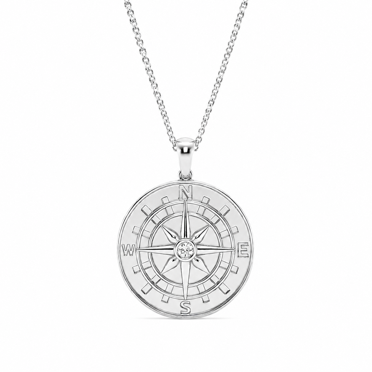 14K White Gold Compass Lab-Grown Diamond Pendant (1.10 CTW – D–F / VS1–VS2)