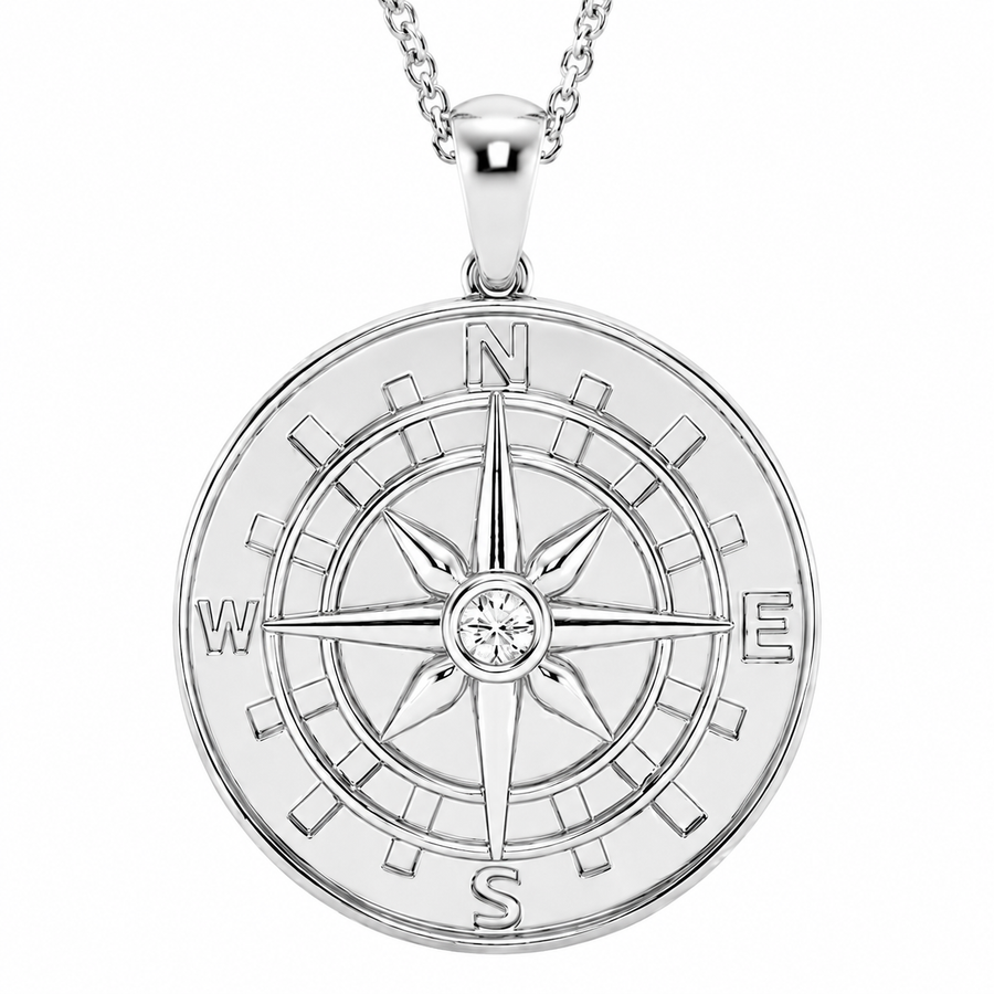 14K White Gold Compass Lab-Grown Diamond Pendant (1.10 CTW – D–F / VS1–VS2)