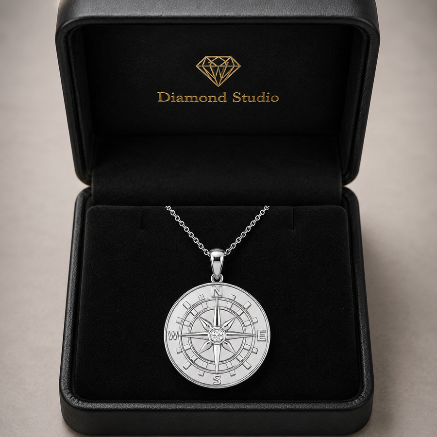 14K White Gold Compass Lab-Grown Diamond Pendant (1.10 CTW – D–F / VS1–VS2)