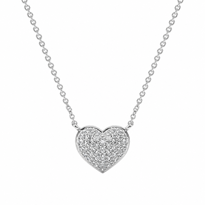 Heart-shaped diamond necklace on a white background