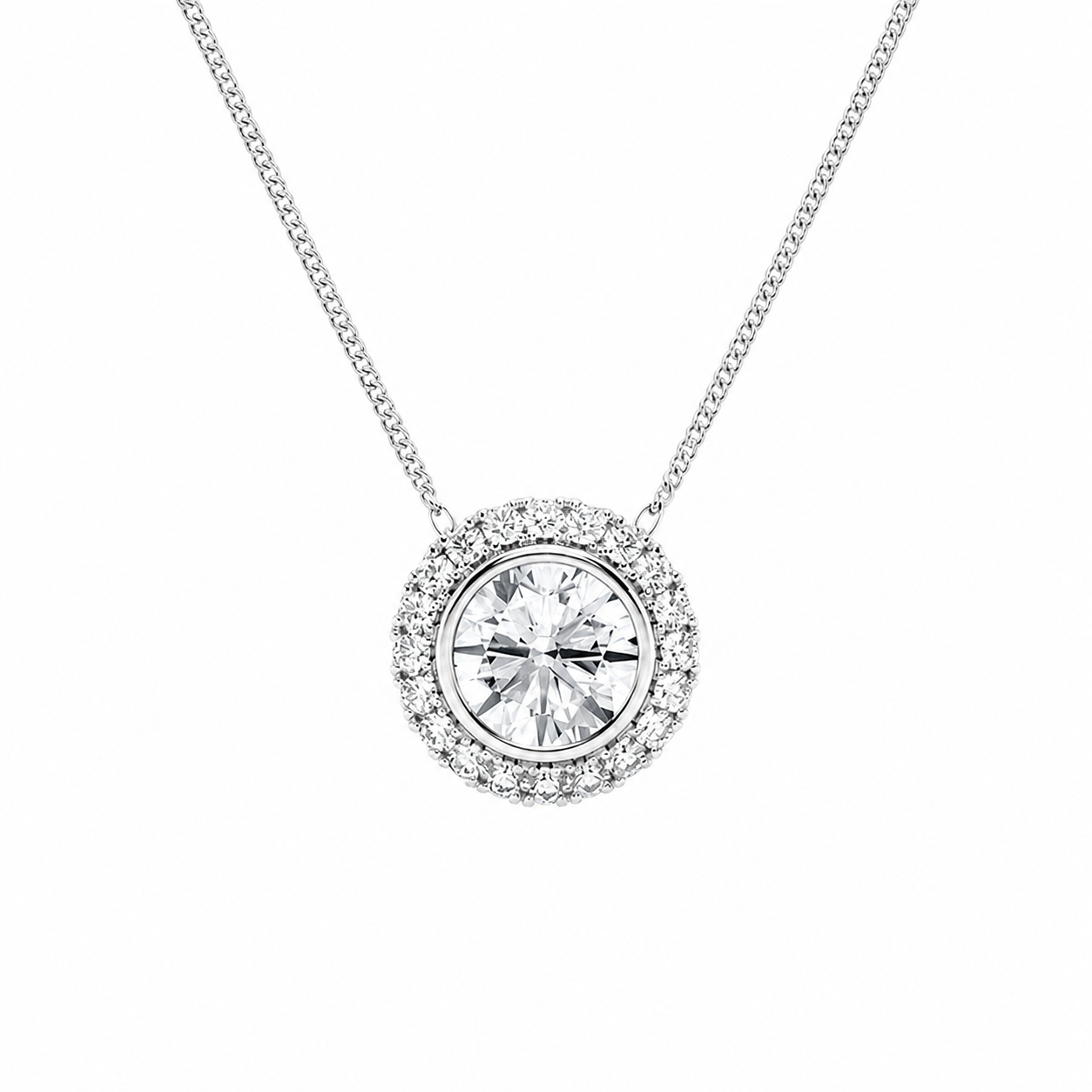 14K White Gold Bezel-Set Halo Lab-Grown Diamond Pendant (2.00 CTW – D–F / VS1–VS2)
