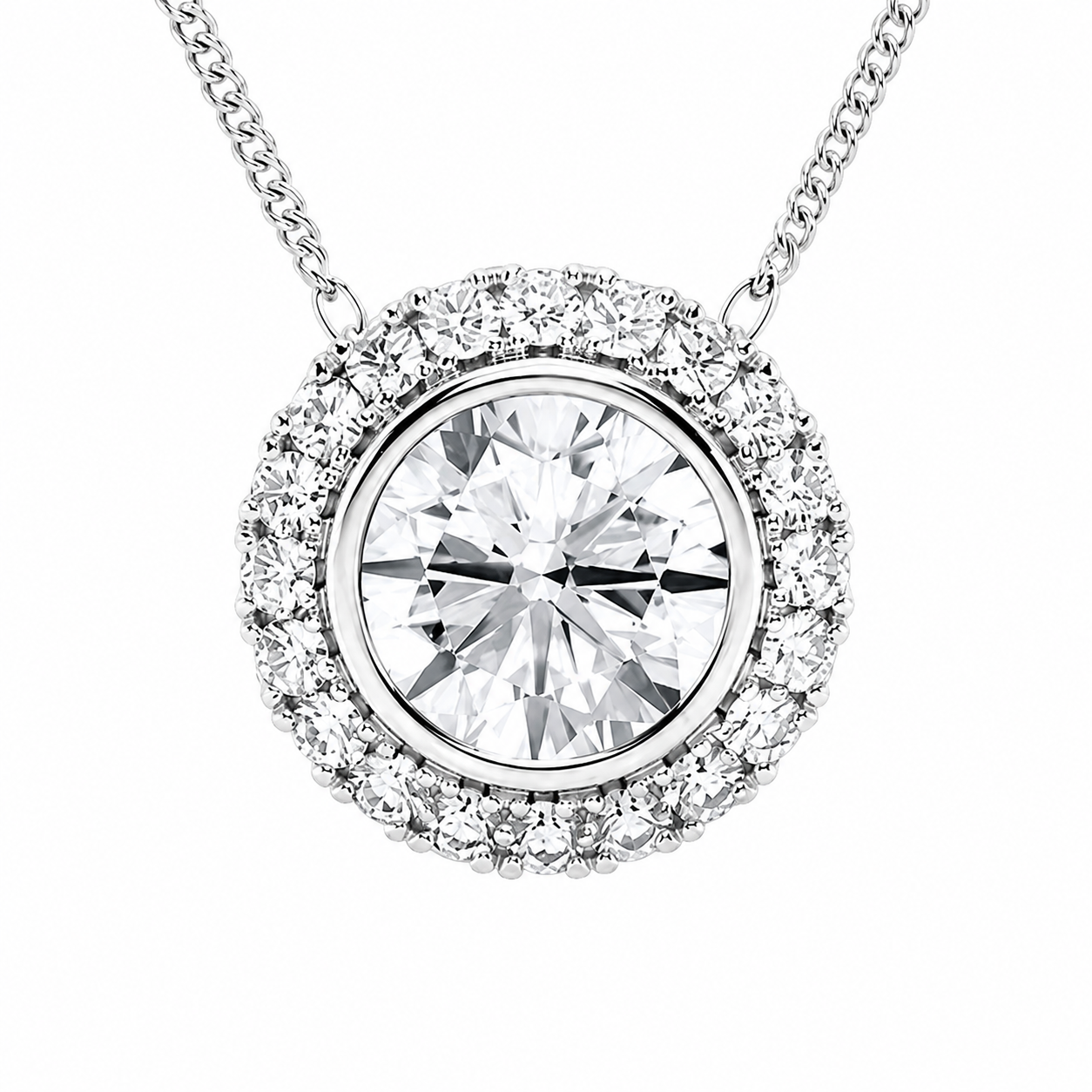 14K White Gold Bezel-Set Halo Lab-Grown Diamond Pendant (2.00 CTW – D–F / VS1–VS2)