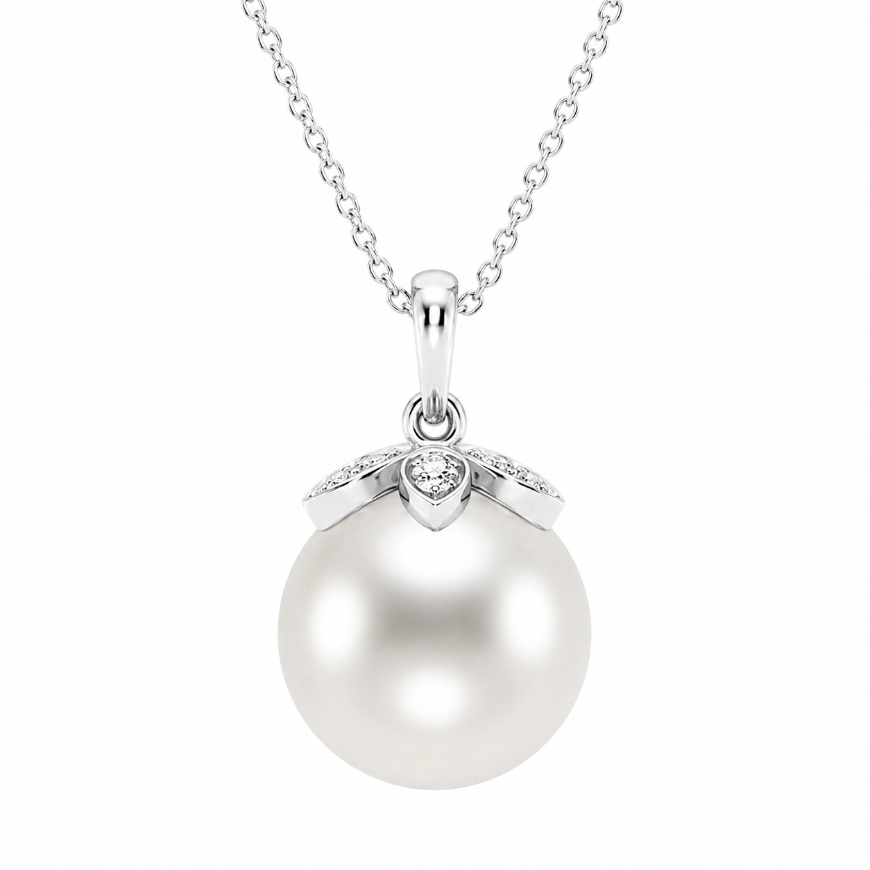 14K White Gold Freshwater Pearl & Lab-Grown Diamond Floral Pendant (1.00 CTW – D–F / VS1–VS2)