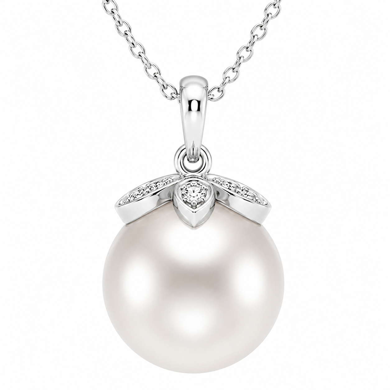 14K White Gold Freshwater Pearl & Lab-Grown Diamond Floral Pendant (1.00 CTW – D–F / VS1–VS2)