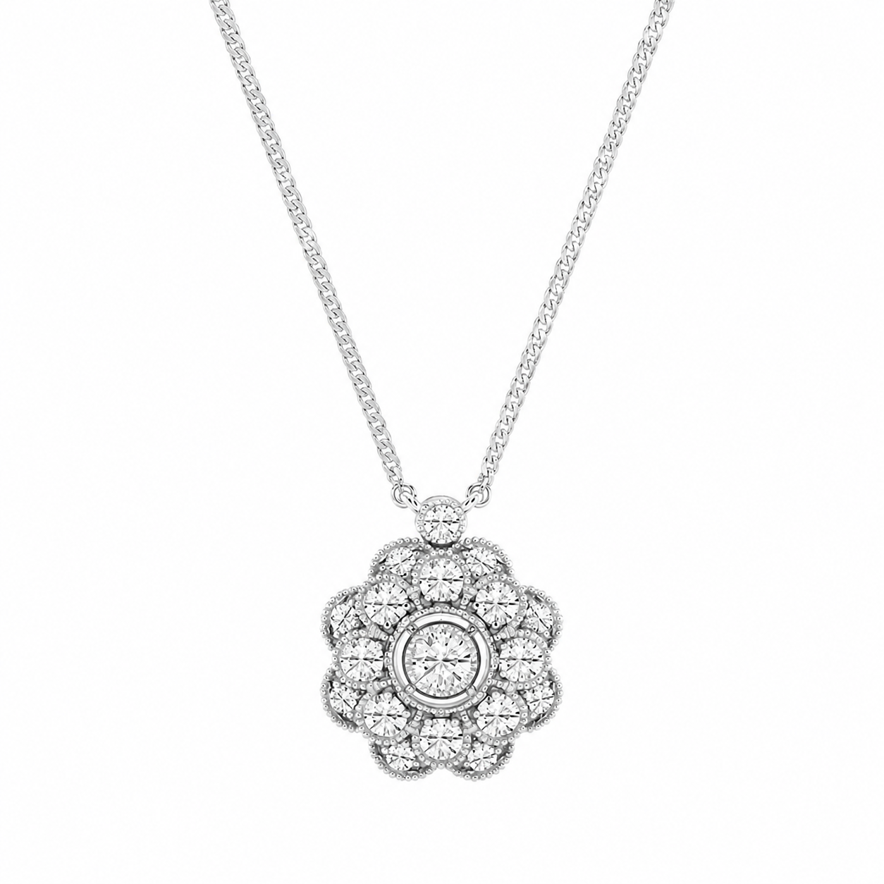 14K White Gold Vintage Floral Milgrain Lab-Grown Diamond Pendant (1.25 CTW – D–F / VS1–VS2)