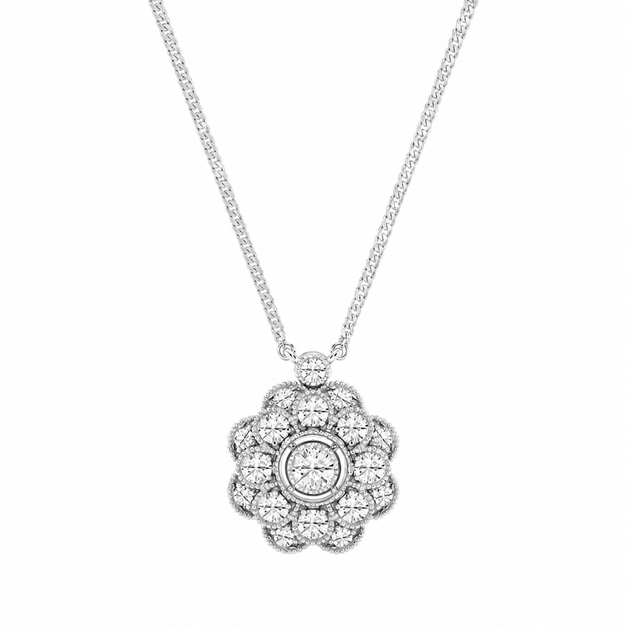 14K White Gold Vintage Floral Milgrain Lab-Grown Diamond Pendant (1.25 CTW – D–F / VS1–VS2)