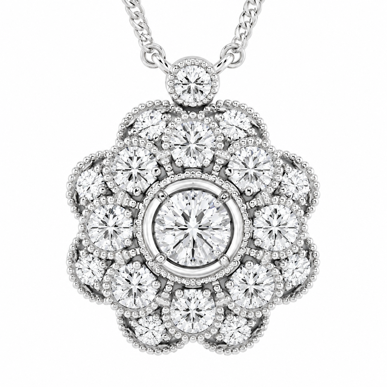 14K White Gold Vintage Floral Milgrain Lab-Grown Diamond Pendant (1.25 CTW – D–F / VS1–VS2)