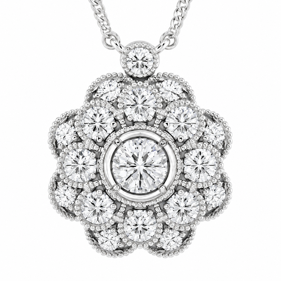 14K White Gold Vintage Floral Milgrain Lab-Grown Diamond Pendant (1.25 CTW – D–F / VS1–VS2)