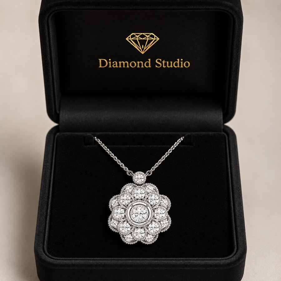 14K White Gold Vintage Floral Milgrain Lab-Grown Diamond Pendant (1.25 CTW – D–F / VS1–VS2)