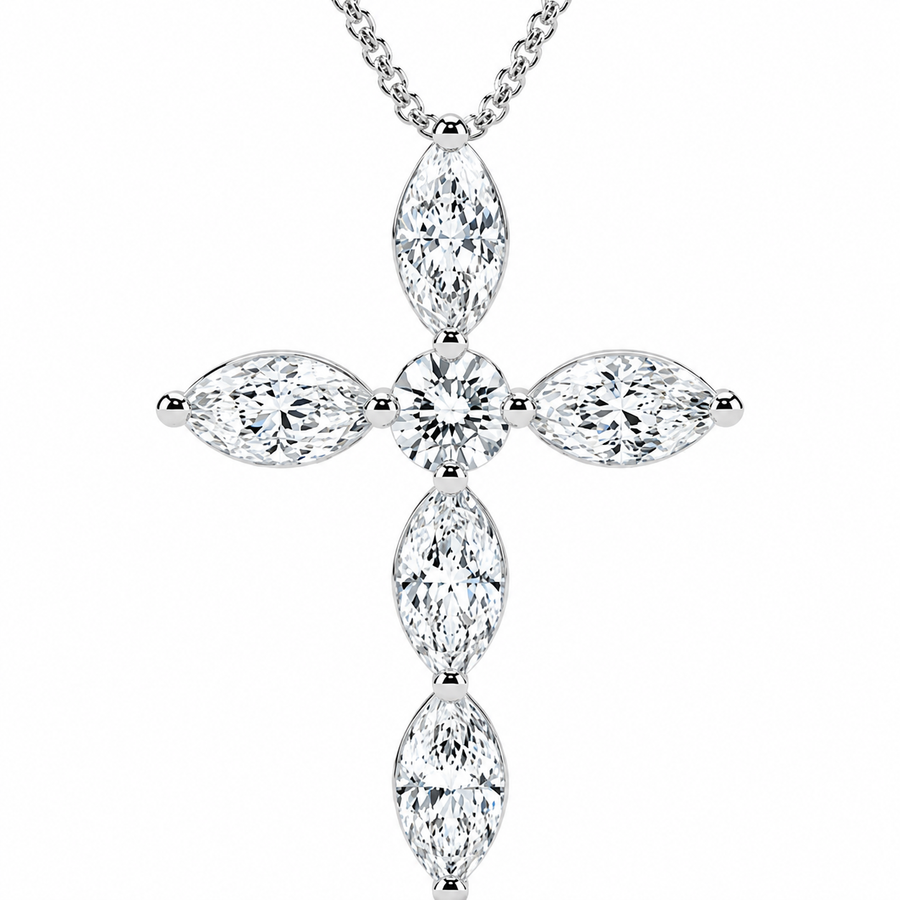 14K White Gold Marquise & Round Lab-Grown Diamond Cross Pendant (1.00 CTW – D–F / VS1–VS2)