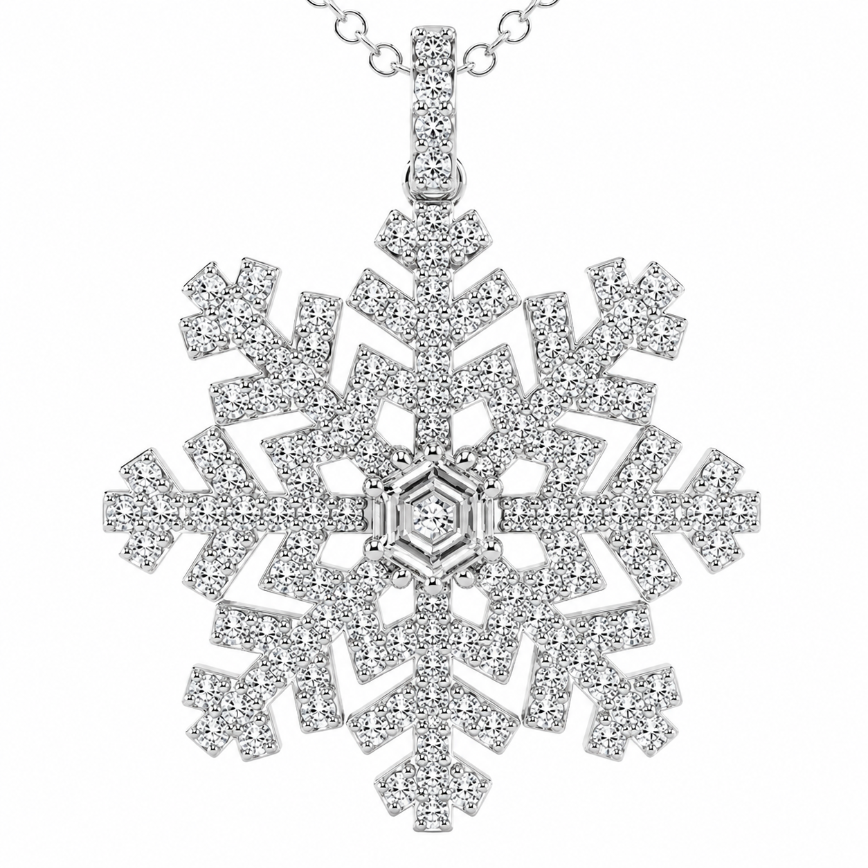 14K White Gold Hexagon Snowflake Lab-Grown Diamond Pendant (1.50 CTW – D–F / VS1–VS2)