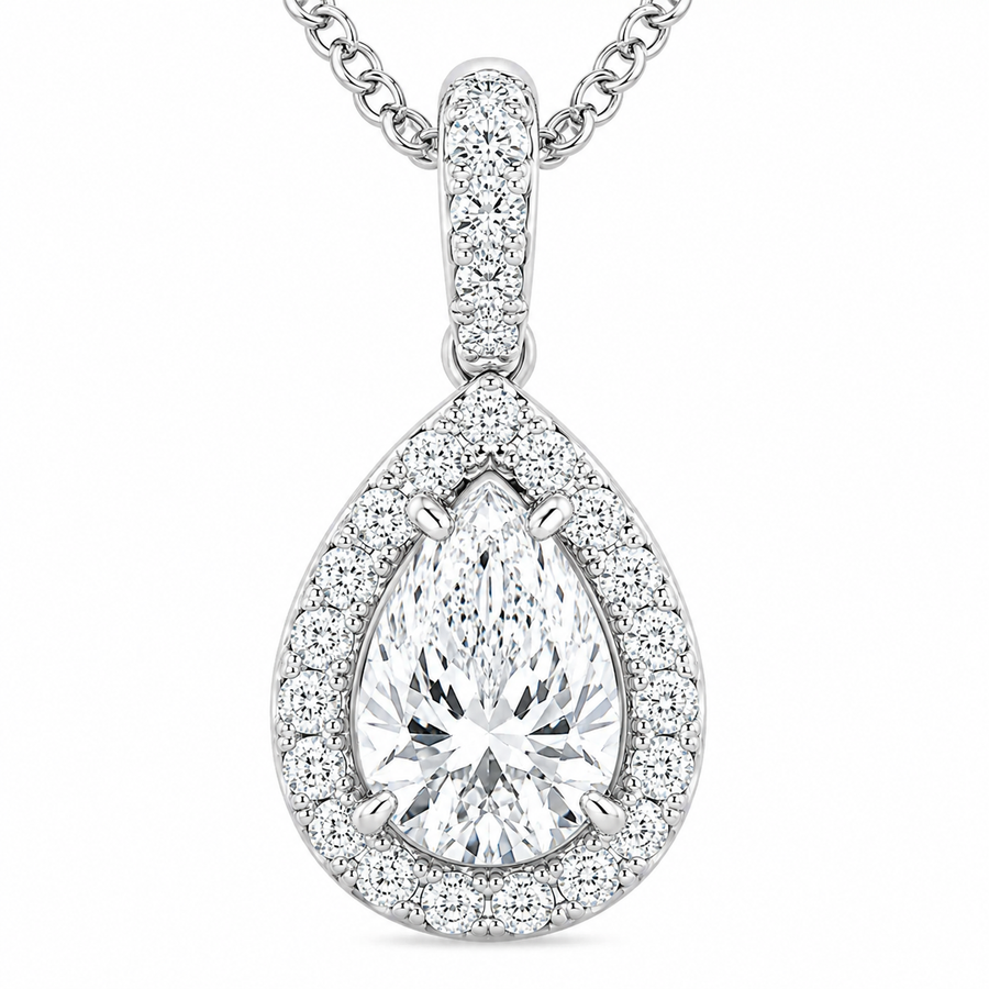 0.75 CTW Pear Lab-Grown Diamond Halo Pendant (D–F / VS1–VS2, IGI Certified)