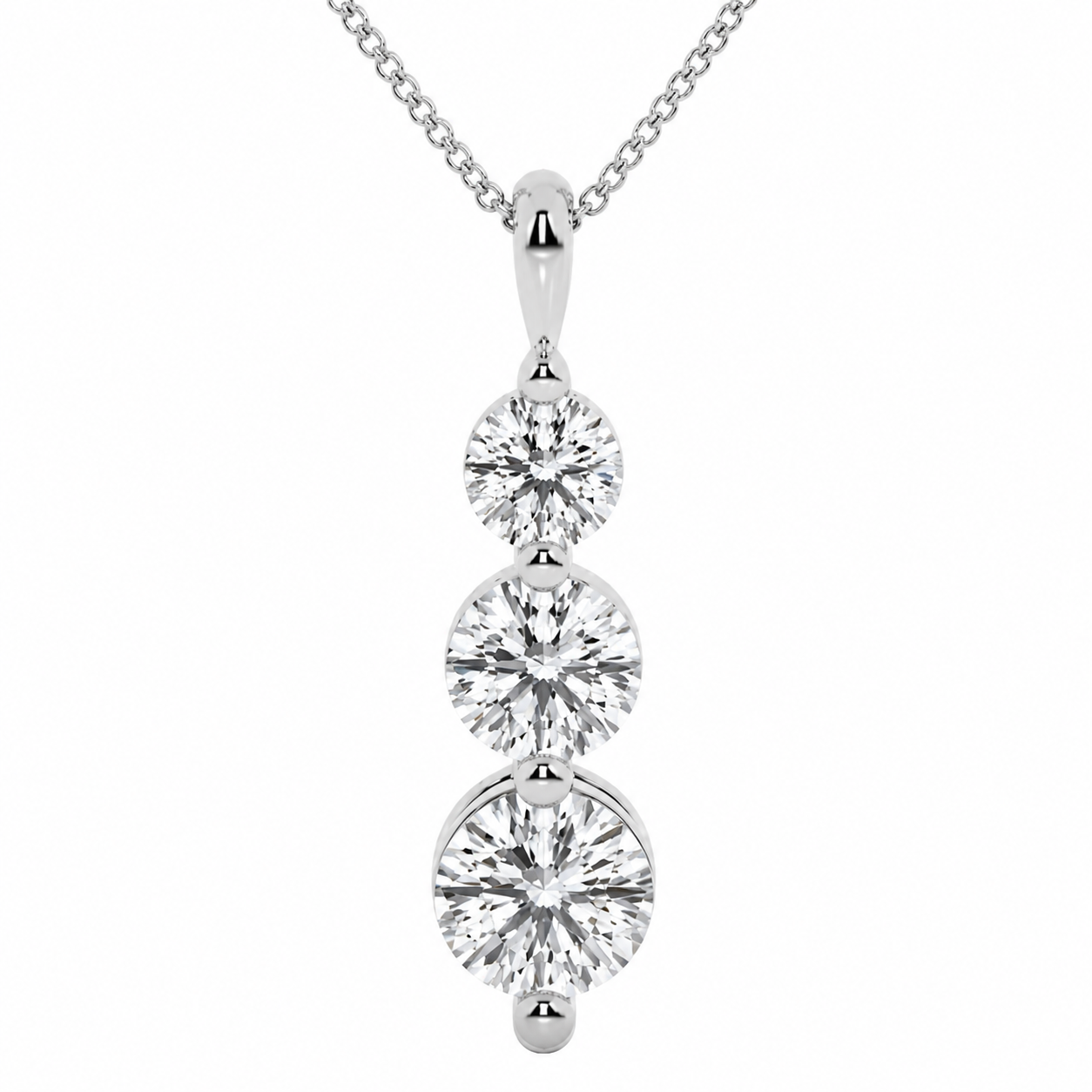 1.50 Carat Round Lab-Grown Diamond Three-Stone Drop Pendant VS1 D-F 14K White Gold with Adjustable Chain