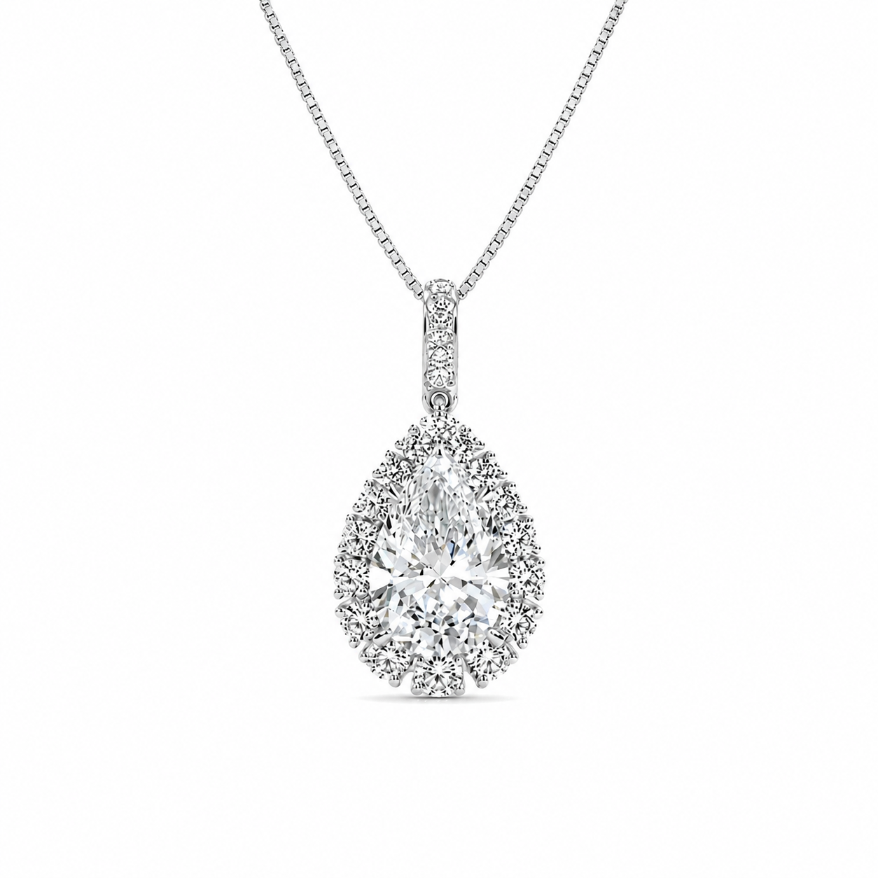 2.00 Carat Pear Cut Lab-Grown Diamond Halo Pendant VS1 D-F 14K White Gold with Adjustable Chain