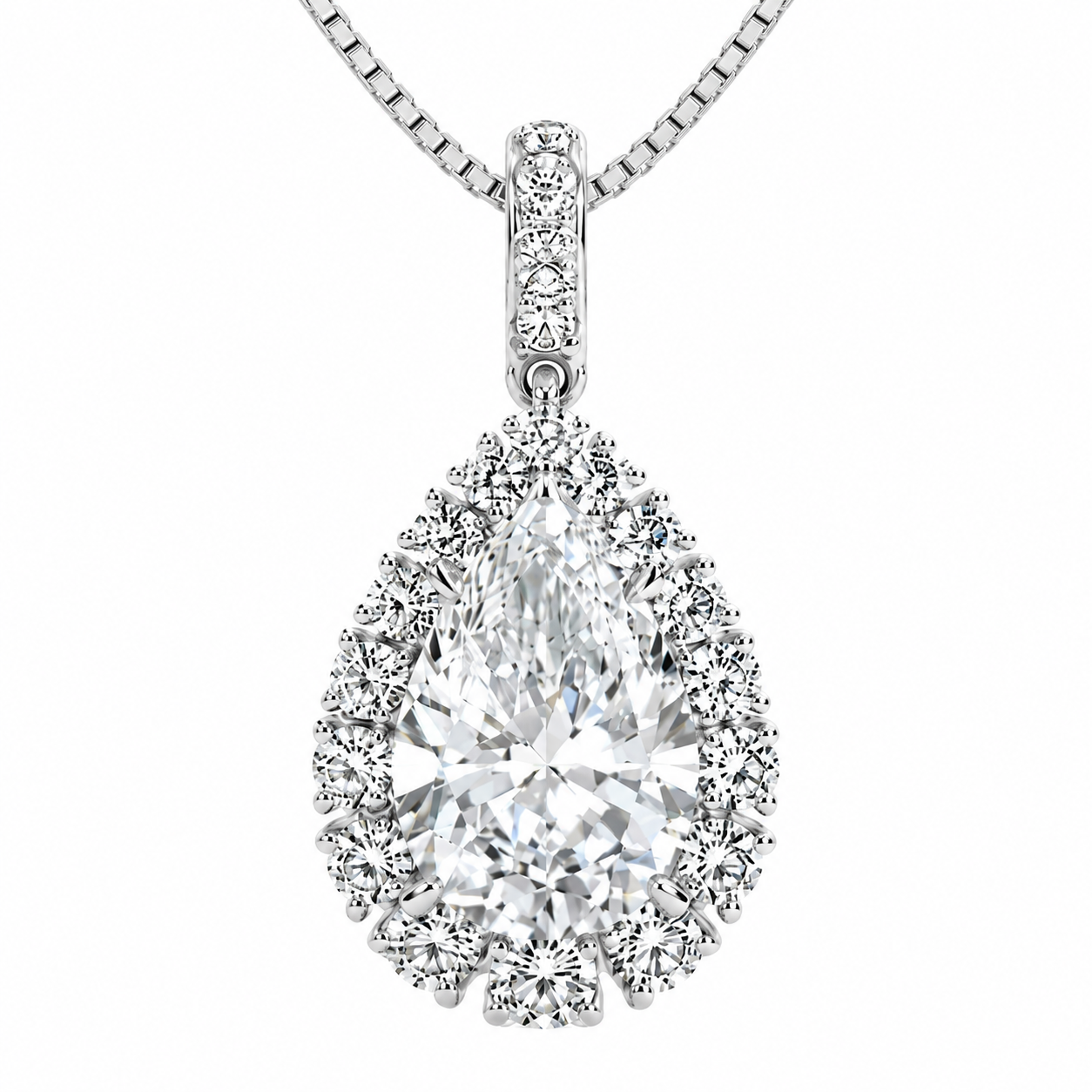 2.00 Carat Pear Cut Lab-Grown Diamond Halo Pendant VS1 D-F 14K White Gold with Adjustable Chain
