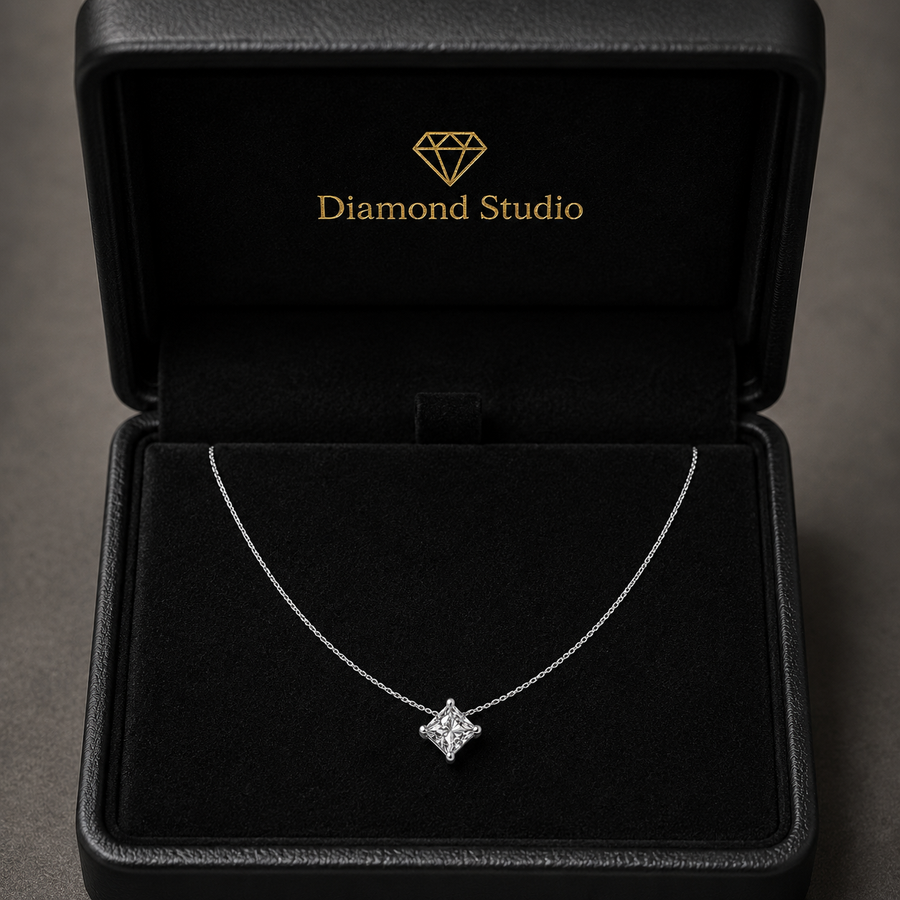 1 Ct Princess Cut Diamond Pendant Necklace VS1 D-F White Gold 14k