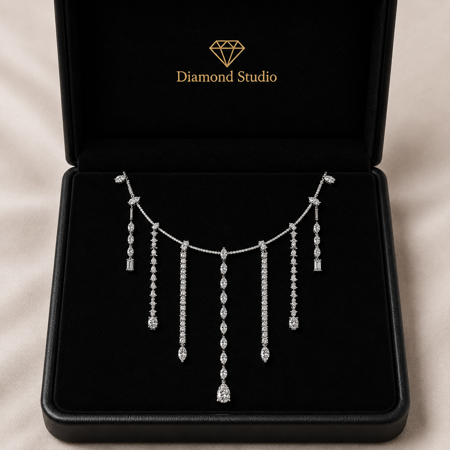 9 Ct Baguette Marquise Pear Round Emerald Cut Diamond Chain Necklace VS1 D-F White Gold 14k