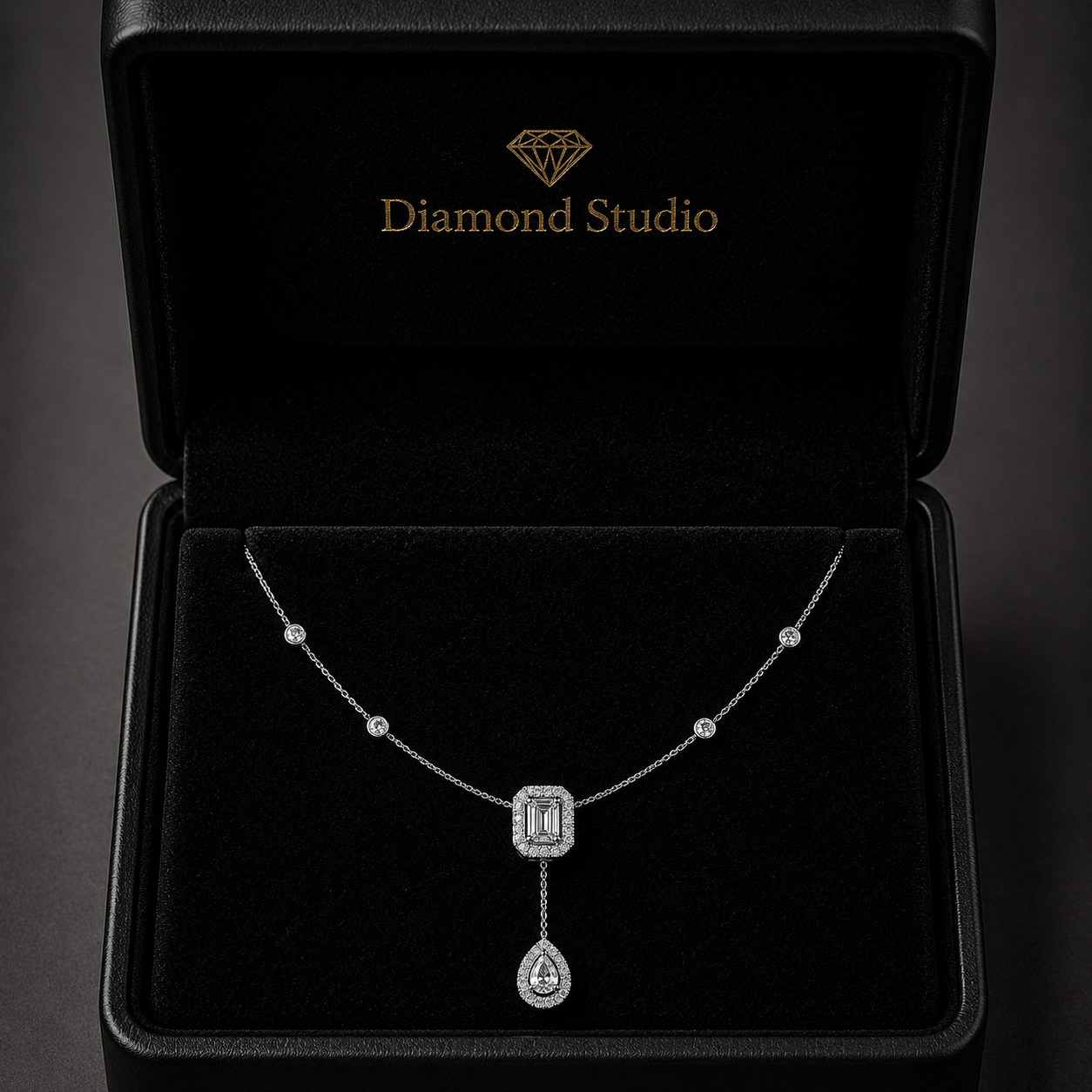 2.1 Ct Emerald Pear Round Cut Diamond Lariat Necklace VS1 D-F White Gold 14k