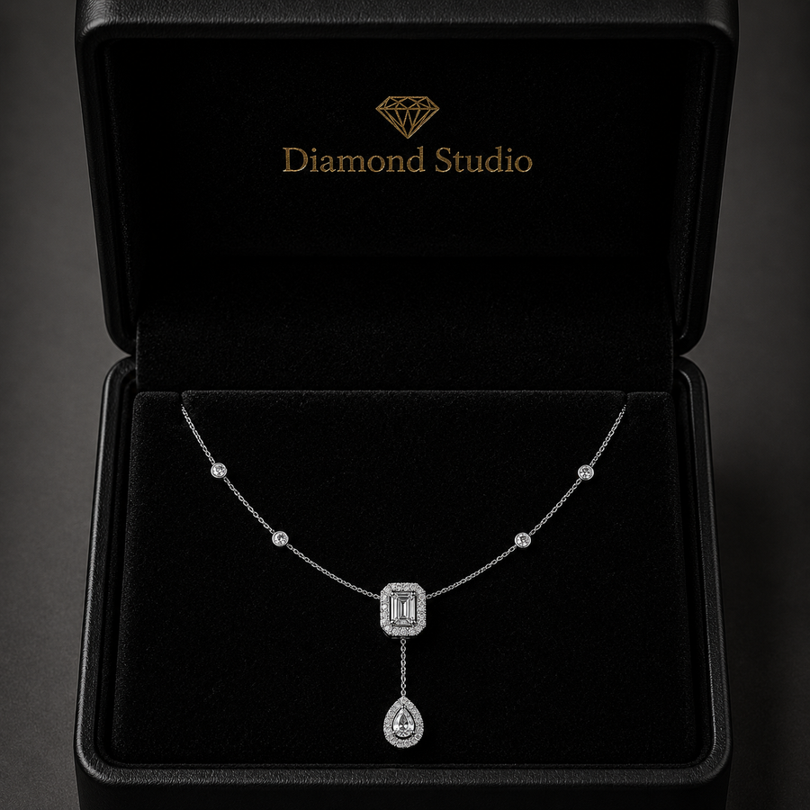 2.1 Ct Emerald Pear Round Cut Diamond Lariat Necklace VS1 D-F White Gold 14k