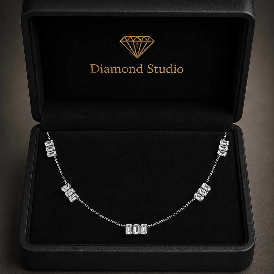 2.85 Ct Emerald Cut Diamond Chain Necklace VS1 D-F White Gold 14k
