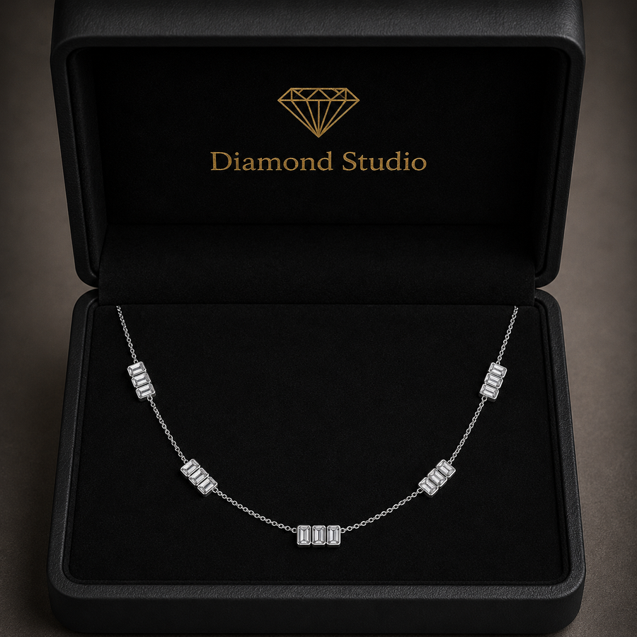2.8 Ct Emerald Cut Diamond Chain Necklace VS1 D-F White Gold 14k