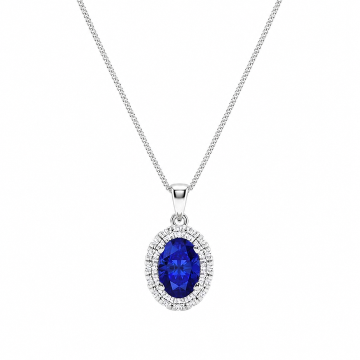 1 CTW Round Lab Grown Diamond Halo Pendant with 7.9x5.53 mm Oval Created Sapphire & Adjustable Chain — product image