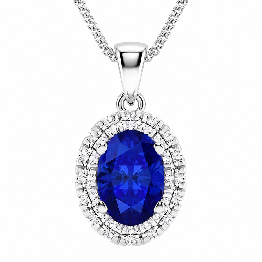 1 CTW Round Lab Grown Diamond Halo Pendant with 7.9x5.53 mm Oval Created Sapphire & Adjustable Chain