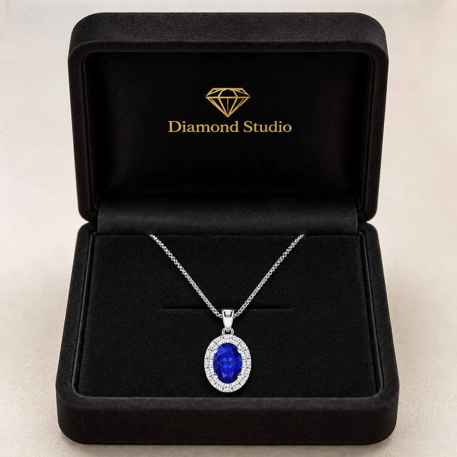 1 CTW Round Lab Grown Diamond Halo Pendant with 7.9x5.53 mm Oval Created Sapphire & Adjustable Chain