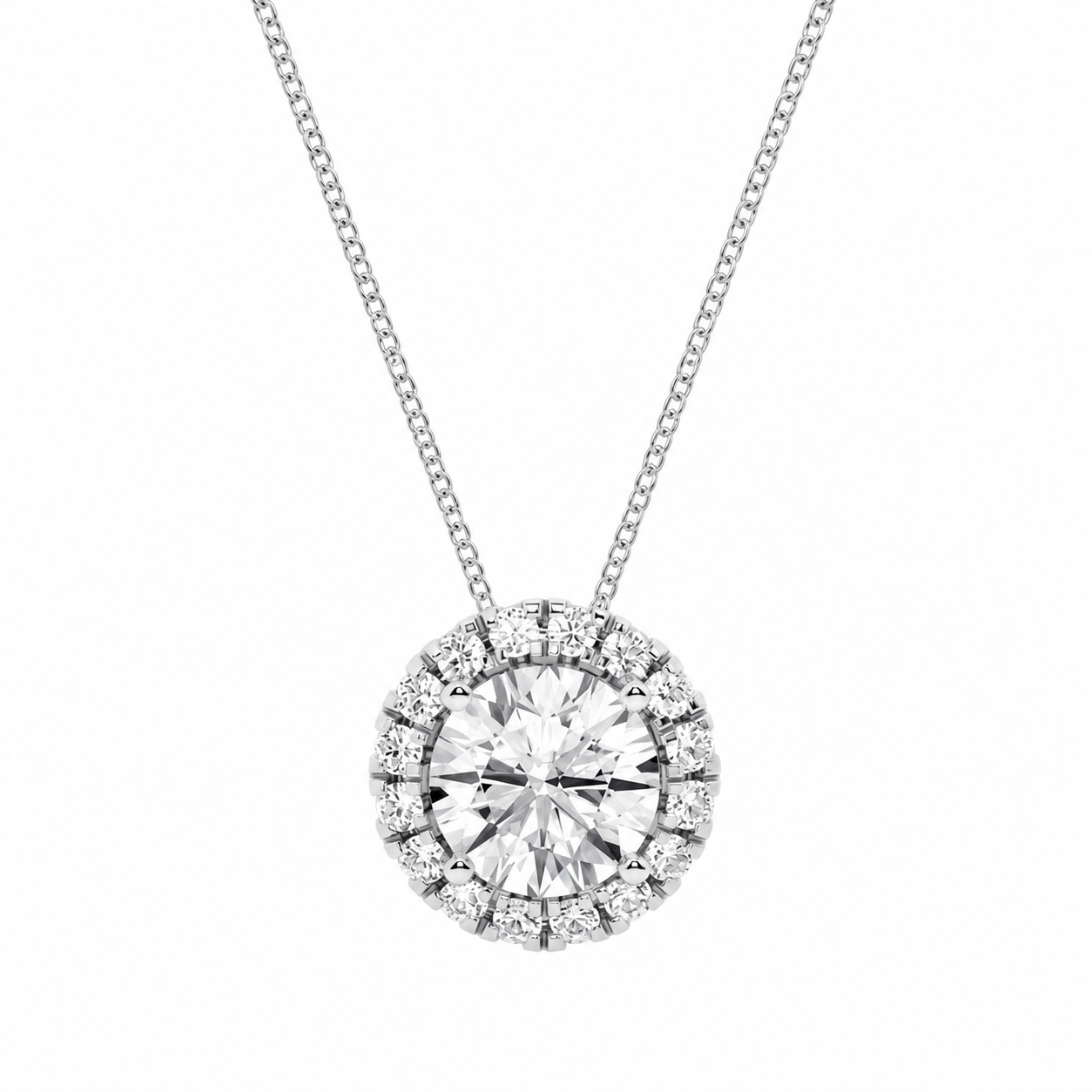 1.76 Carat Round Cut Lab-Grown Diamond Halo Pendant VS1 D–F 14K White Gold with Adjustable Chain